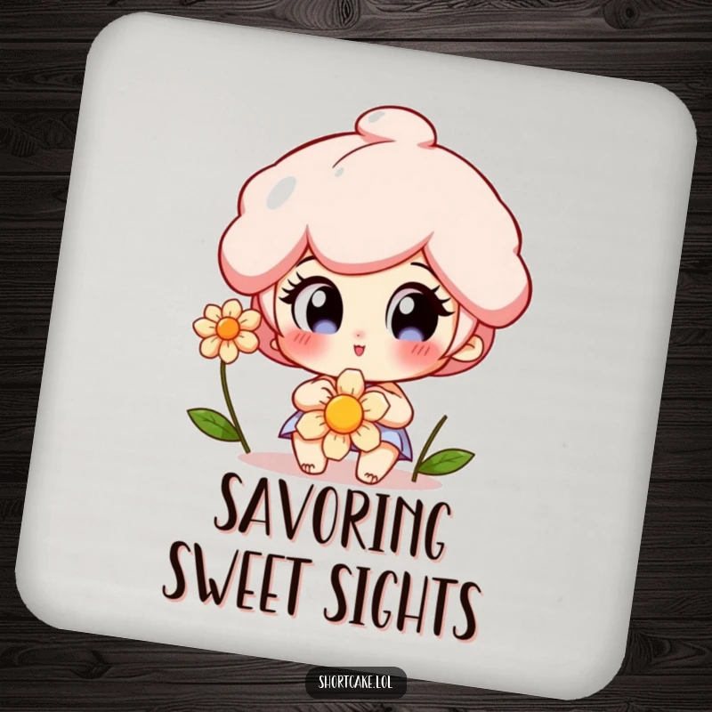 Funny Shortcake Coaster showing a character with wide, delighted eyes admiring a flower, adding sweet charm to drink settings.