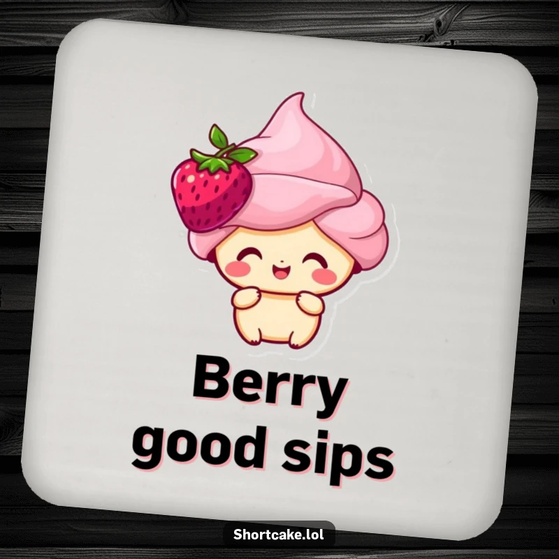 Funny shortcake character with a berry on its head, looking happy, designed as a humorous drink coaster.