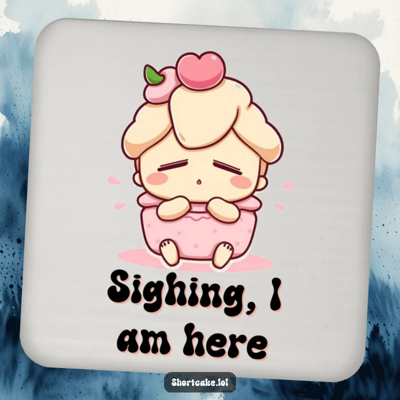 Funny shortcake coaster, cute dessert character with eyes closed, satisfied sigh, drink accessory, useful funny gift.