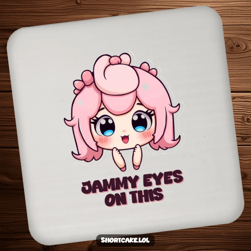 Funny shortcake coaster, cute dessert character with wide, jammy eyes, surprised expression, drink accessory, useful funny gift.