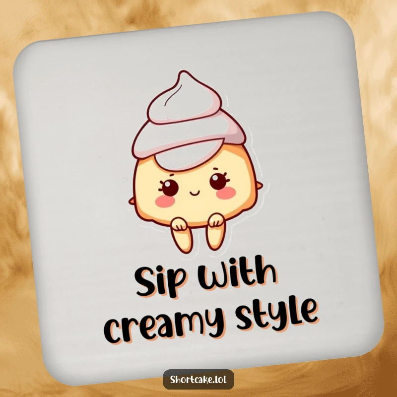 Funny drink coaster featuring a shortcake character with a cream hat, adding a touch of sweet humor.