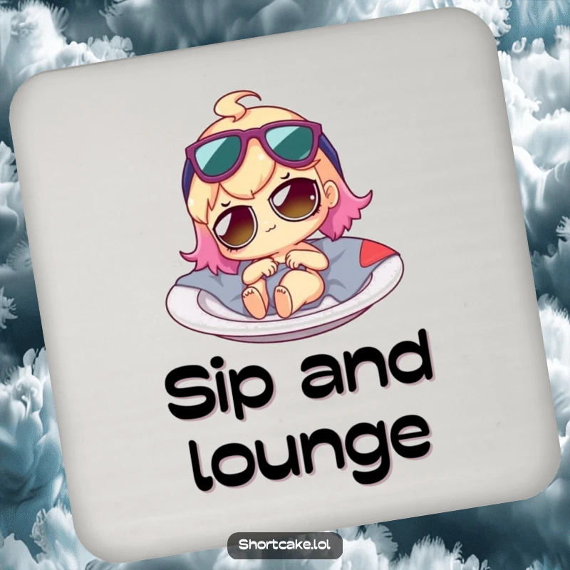 Funny shortcake character lounging on a plate like a sunbed, featured on a decorative and humorous drink coaster.
