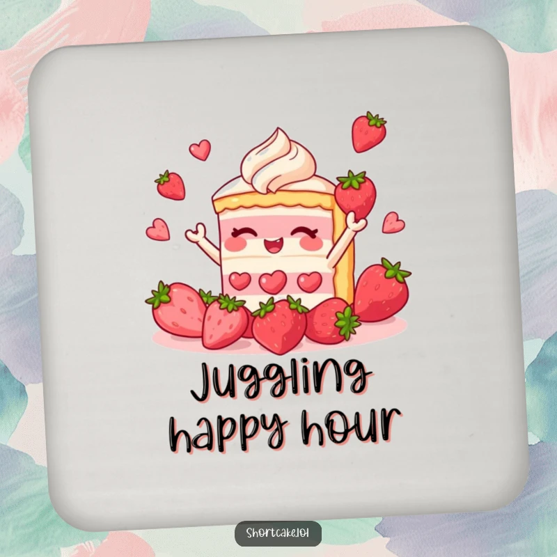 Funny shortcake coaster depicting a dessert slice juggling strawberries, adding a touch of sweet and humorous fun to drink protection.