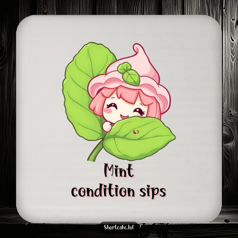 Funny Shortcake Coasters featuring a sweet shortcake character peeking with a grin from behind a mint leaf.