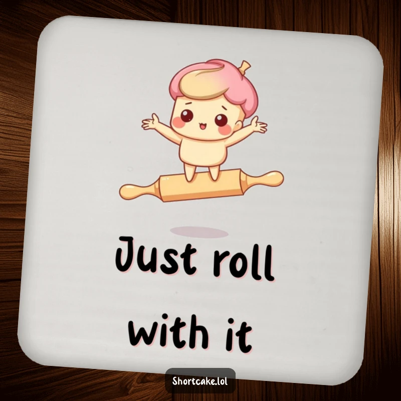 Funny drink coaster: A shortcake character comically teetering on a rolling pin, adding humor to beverage protection.