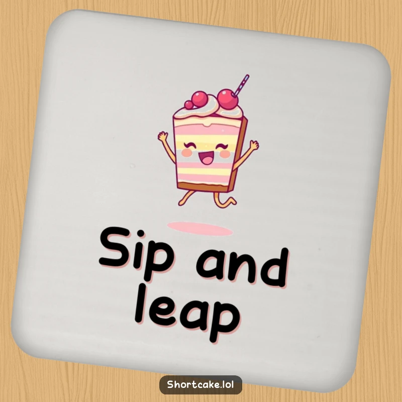 Funny Shortcake Slice Coaster with a character caught mid-leap, adding a sweet and humorous touch to any beverage setting.