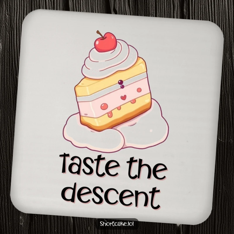 Funny drink coaster depicting a shortcake slice making a sweet, slippery descent down a whipped cream slope, offering surface protection.