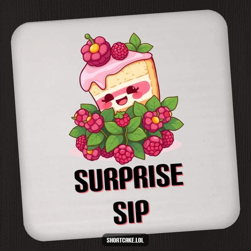 Funny Shortcake Surprise Coaster. A shortcake slice pops out of a berry bush with surprise, protecting surfaces with dessert humor.