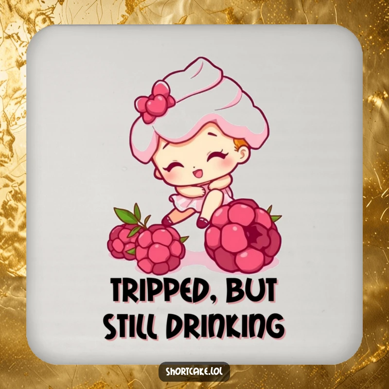Funny drink coasters featuring a shortcake character comically tripping over a raspberry, protecting surfaces with a splash of humor.