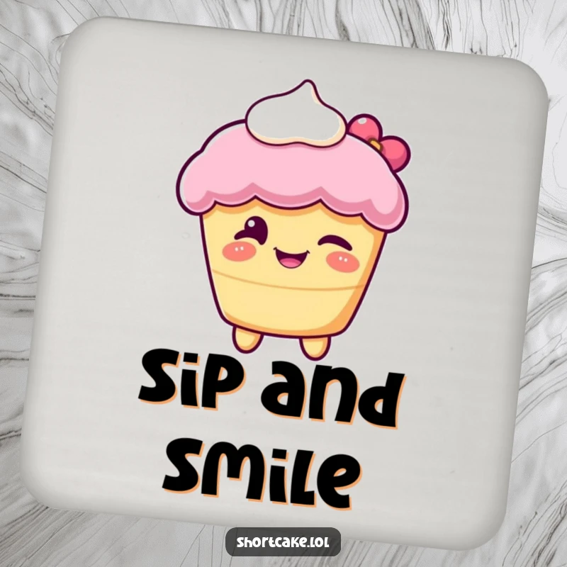 Funny coaster displaying a shortcake character winking playfully, providing surface protection with a sweet and humorous design.