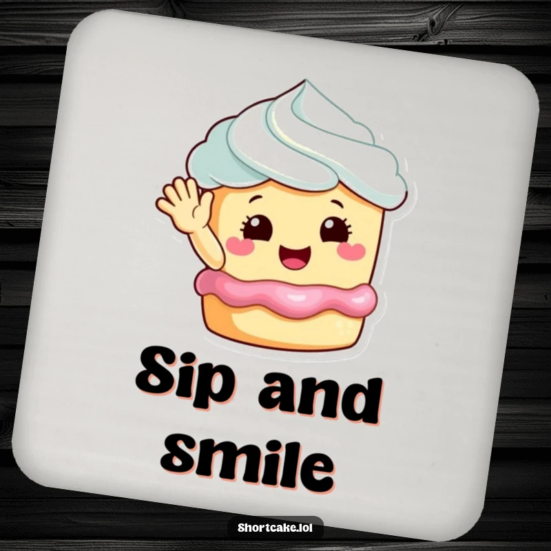 Funny happy shortcake waving drink coaster, a sweet dessert character protecting surfaces with a smile.