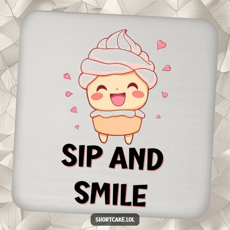 Funny coasters featuring a shortcake character with a wide grin and flying whipped cream, perfect for parties.