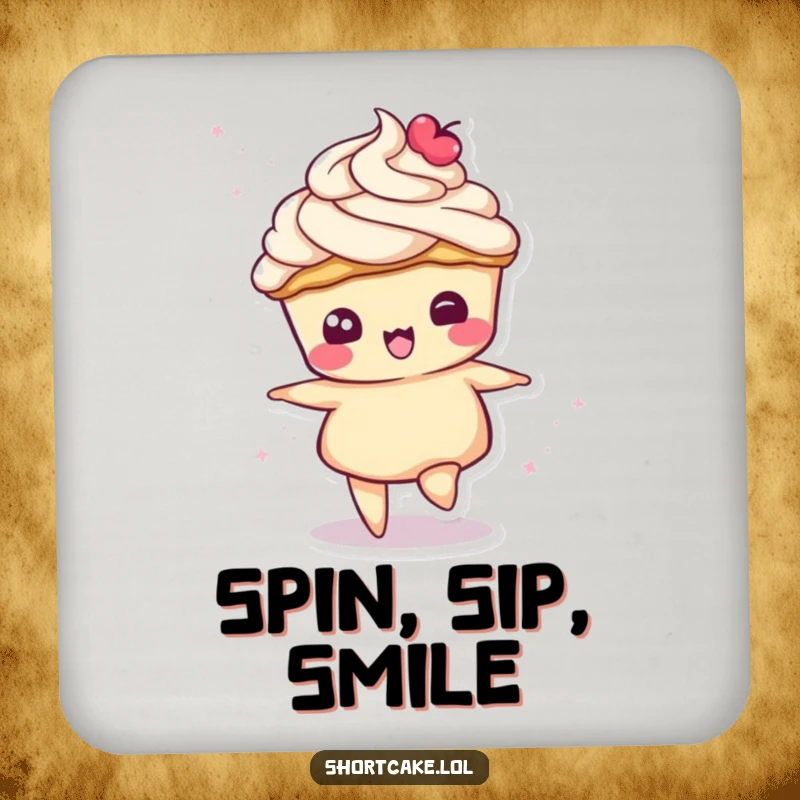 Funny drink coaster depicting a shortcake slice character in a playful spin, its cream topping swirling, adding charm.