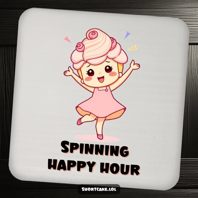 Funny coasters featuring a shortcake character doing a celebratory pirouette, adding a sweet, humorous touch.