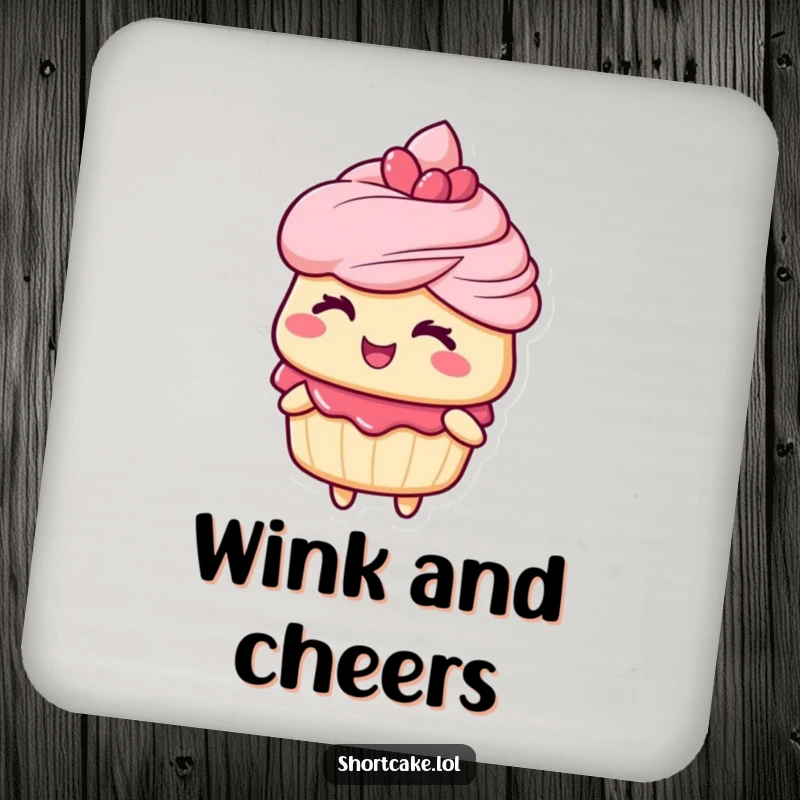 Funny drink coasters featuring a shortcake character giving a playful wink, protecting tabletops with charming and humorous flair.