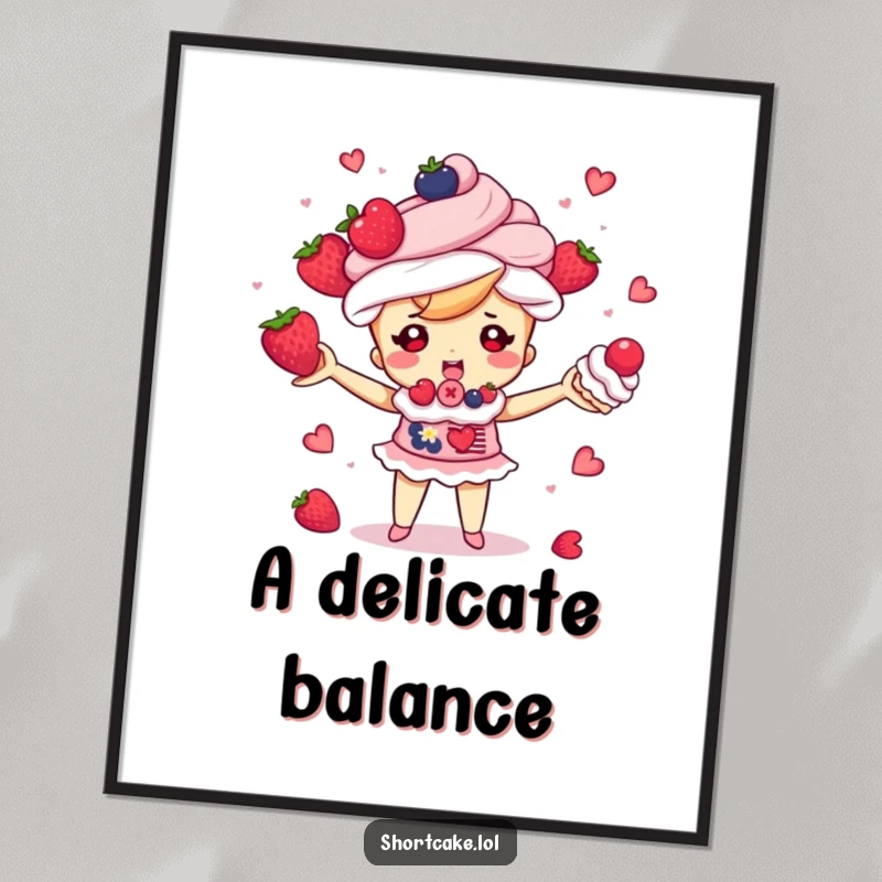 Funny shortcake character juggling tiny berries and cream puffs, cute dessert wall art, whimsical illustration, a funny gift.