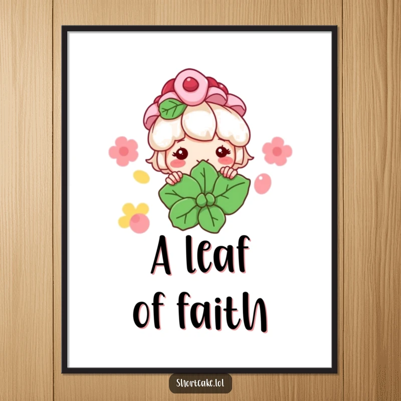 Funny Shortcake Poster: A sweet shortcake character peeks from behind a mint leaf with a grin, bringing delightful dessert vibes.