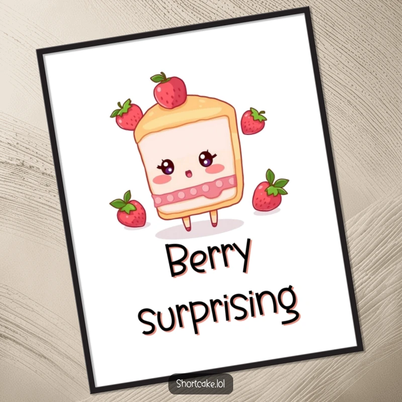 Funny poster art of a shortcake slice character reacting with surprise to a falling berry, capturing a sweet moment.