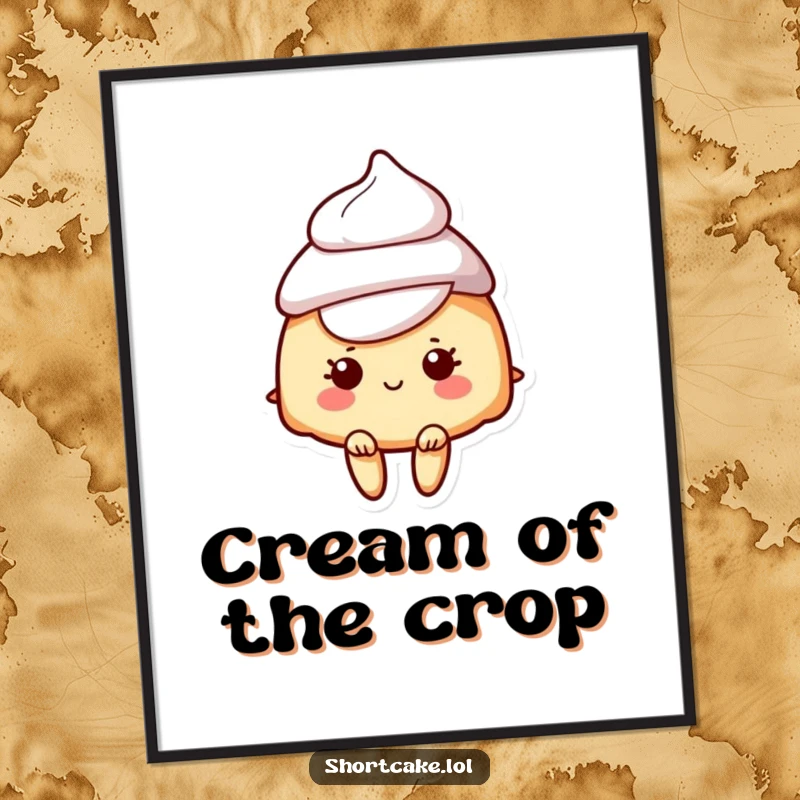 Funny poster featuring a shortcake character wearing a dollop of cream as a hat, full of sweet personality.