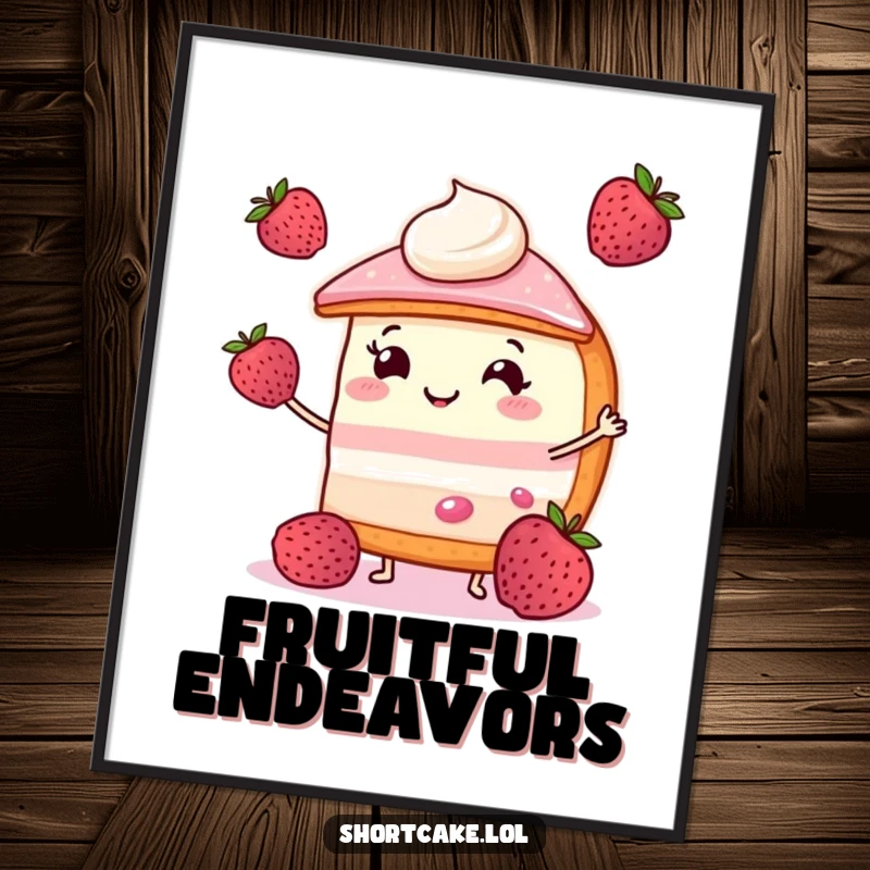 Funny shortcake poster of a smiling slice juggling three small berries, adding a touch of sweet and joyful humor to decor.