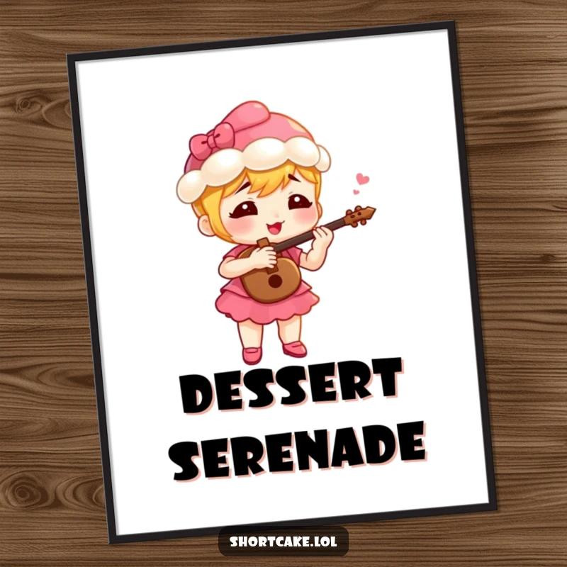 Funny shortcake character playing a small fife with gusto, a whimsical and humorous poster for delightful decor.