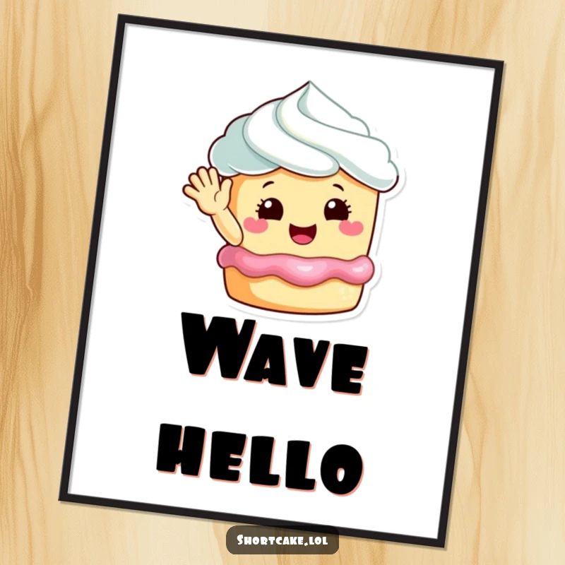 Funny happy shortcake waving poster, a delightful dessert character spreading cheer, perfect for adding a sweet touch.