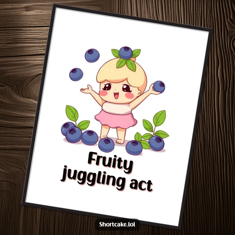 Funny poster of a shortcake character playfully juggling blueberries, symbolizing playful skill and whimsical charm.