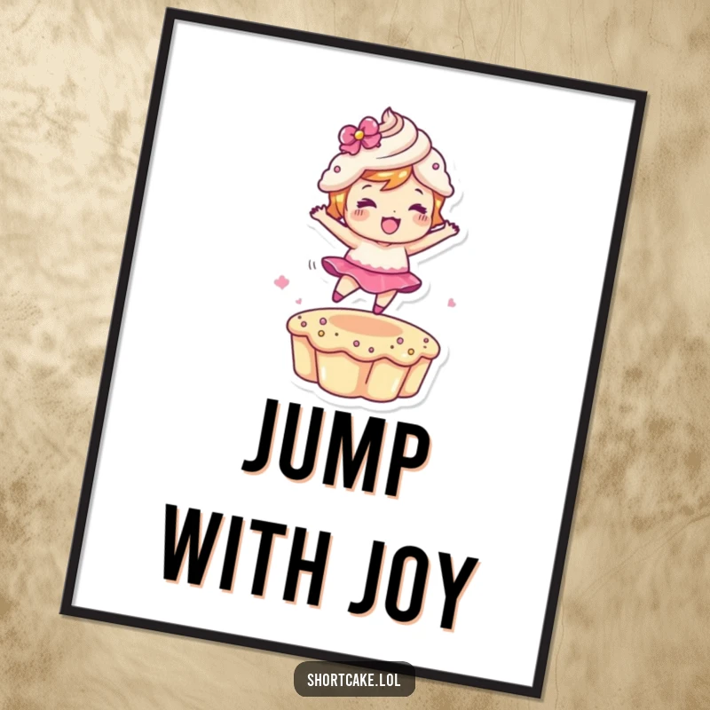 Funny Leaping Shortcake Poster depicting an energetic dessert character in mid-leap, adding dynamism and humor as a funny gift.