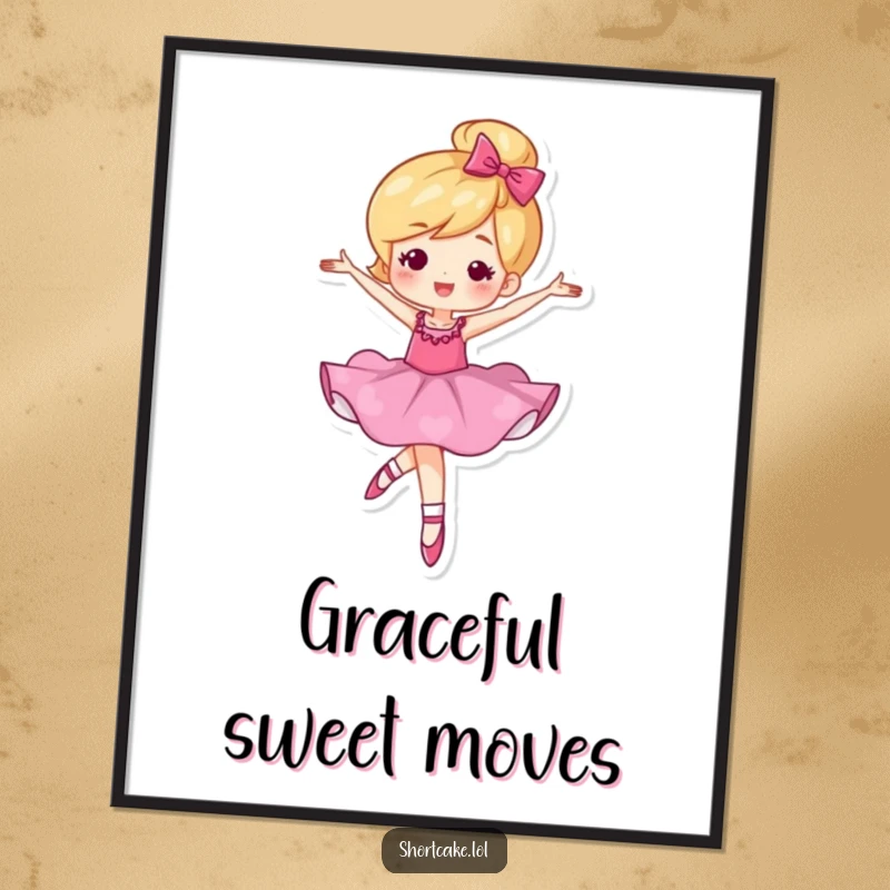 Funny poster depicting a shortcake character in an elegant ballet twirl, showcasing grace and sweet humor.