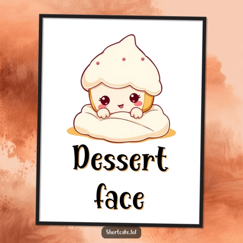 Funny kawaii shortcake character peeking from cream, making a hilarious funny face, perfect for charming wall decor. Great decor.