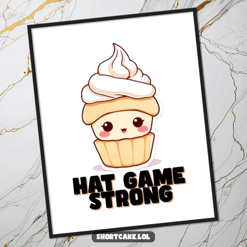 Funny Shortcake Hat Poster featuring a cute dessert character with a miniature whipped cream hat, perfect wall art for a funny gift.