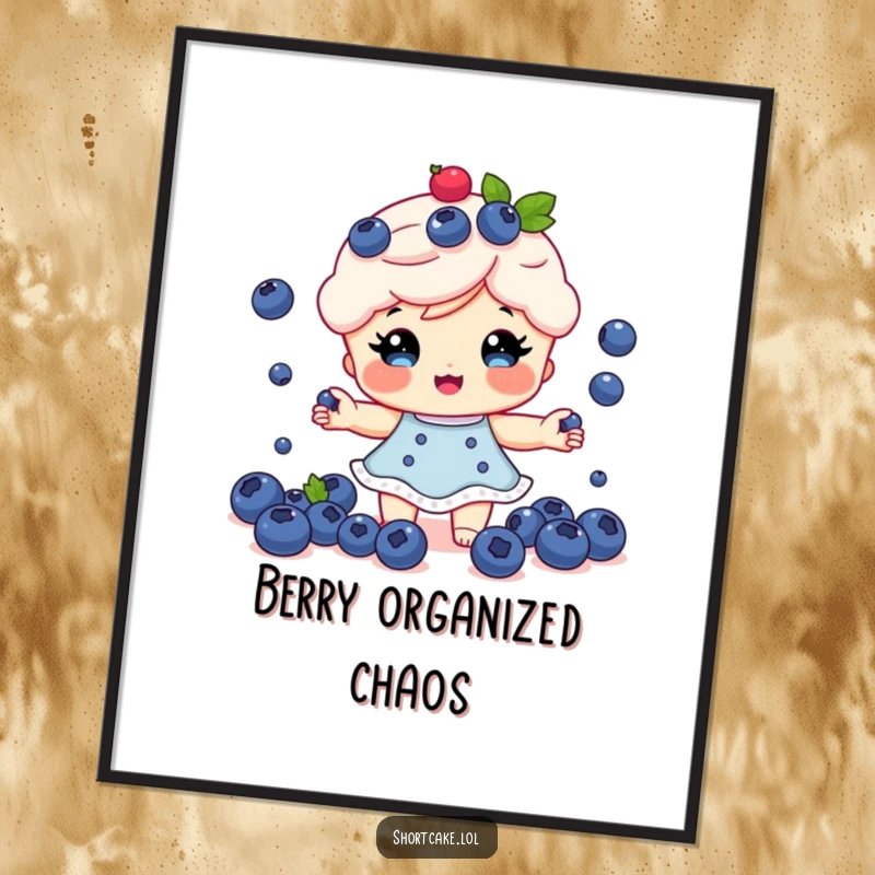 Funny Shortcake Poster: A shortcake character juggling tiny blueberries with a cheerful expression, perfect wall art.