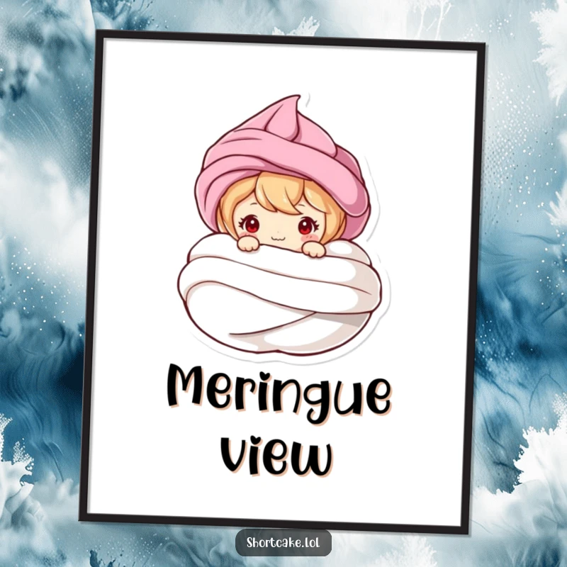 Funny poster showcasing a shortcake character peeking from a meringue swirl, creating a whimsical and humorous visual for any room.