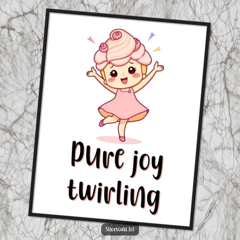 Funny poster art of a shortcake character executing a lively, celebratory pirouette, capturing sweet motion.