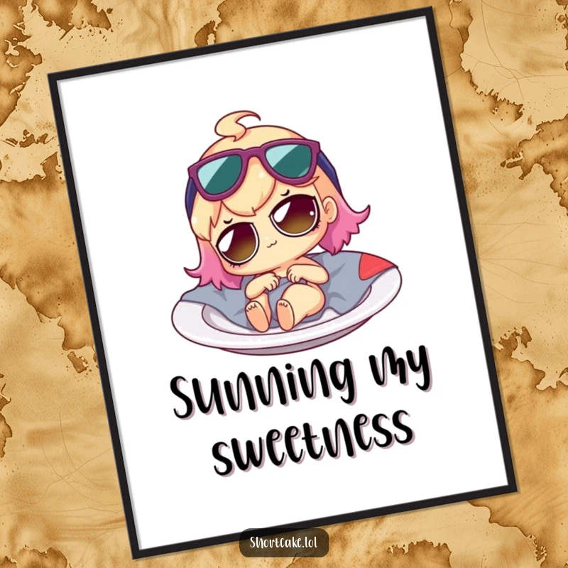 Funny shortcake character wearing sunglasses, lounging on a plate, presented as a vibrant and humorous wall art piece.