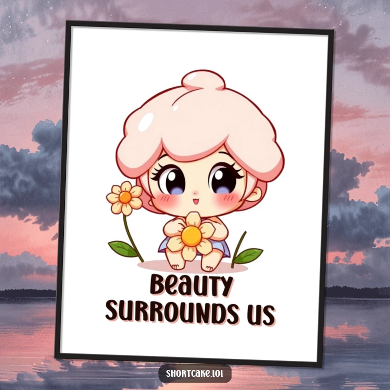 Funny Shortcake Poster featuring a character with wide, delighted eyes, peacefully admiring a beautiful flower, adding charm to any wall.