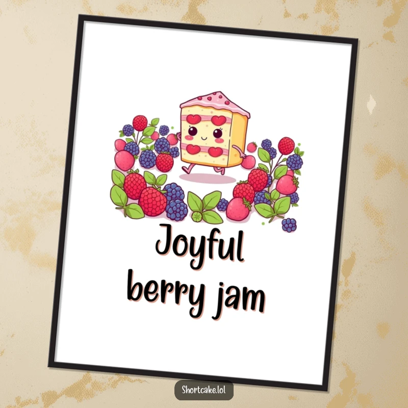 Funny shortcake slice with tiny legs skipping through a berry field, a whimsical and humorous poster for delightful decor.