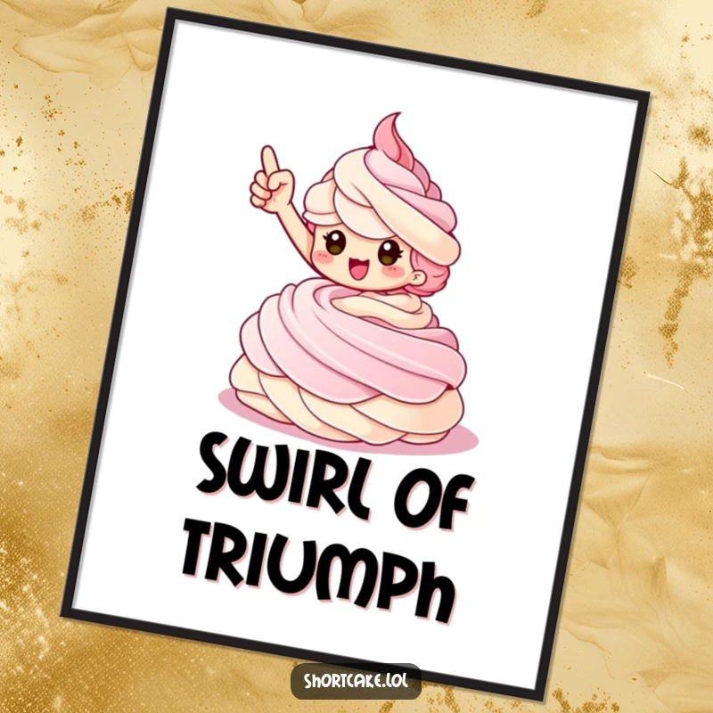 Funny Shortcake Poster featuring a triumphant shortcake character striking a pose on a whipped cream swirl.