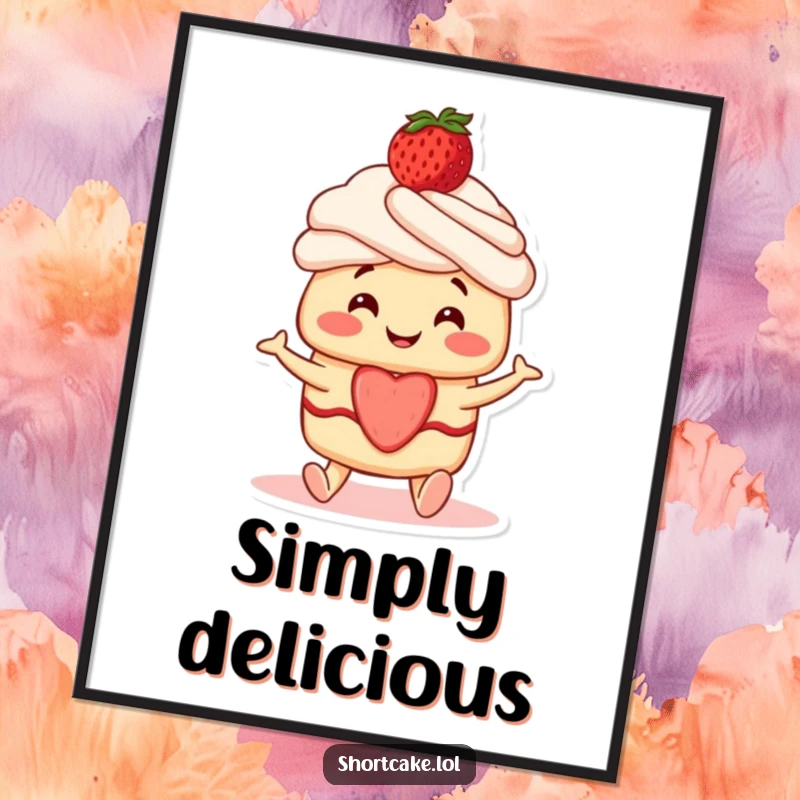 Funny Shortcake Poster: A smiling shortcake character with a strawberry on top, joyfully wiggling its feet.