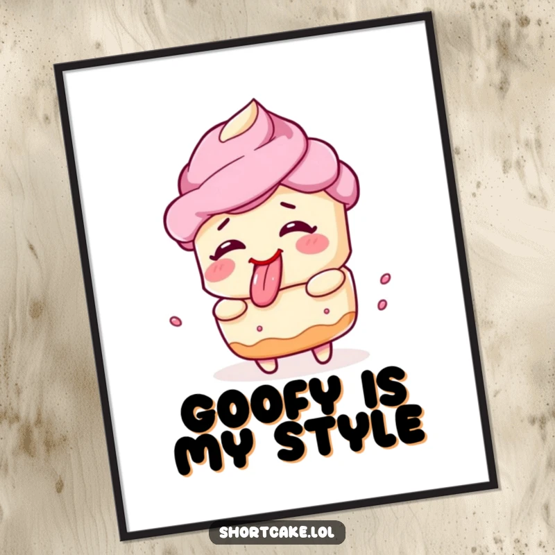 Funny shortcake poster, spinning effect, silly face, tongue out, comical art, humorous decor.