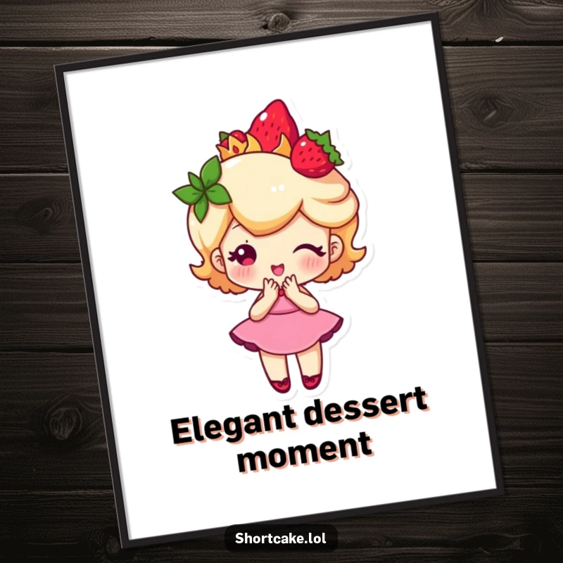 Funny shortcake character wearing a strawberry crown and performing a curtsy, a whimsical and humorous poster for decor.