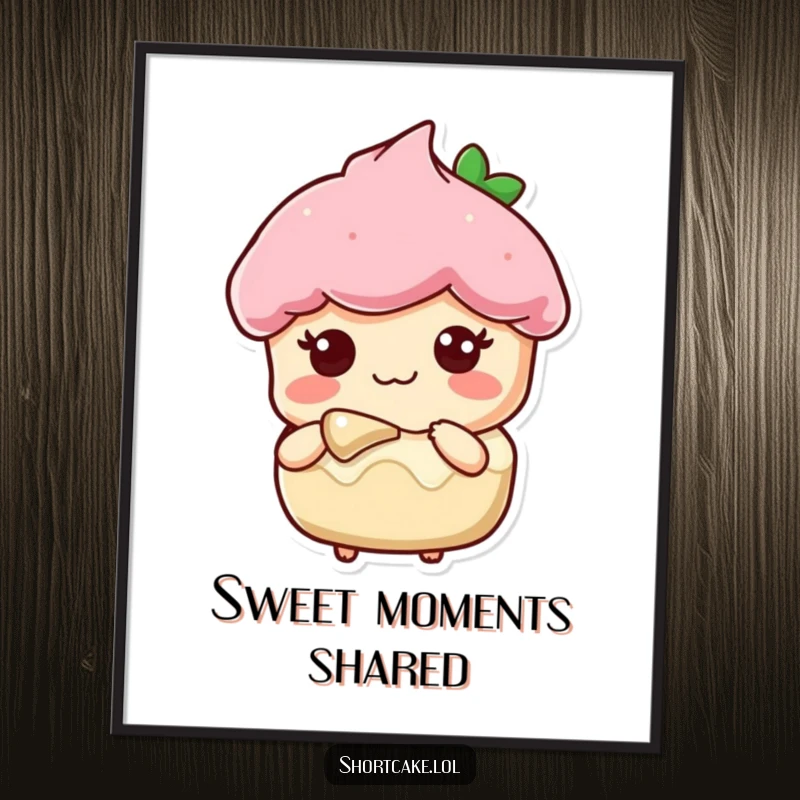 Funny poster art of a shortcake slice character with a sweet expression, offering a bite, symbolizing sharing.