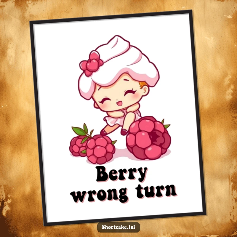 Funny poster of a shortcake character comically tripping over a raspberry, creating a whimsical and humorous scene for wall decor.