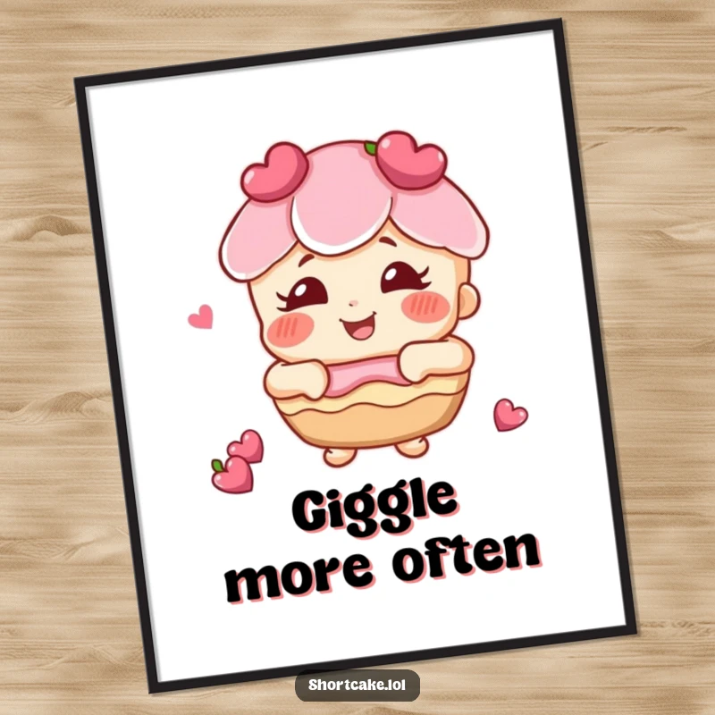 Funny shortcake with rosy cheeks giggling poster, a delightful dessert character exuding contagious laughter and cheer.
