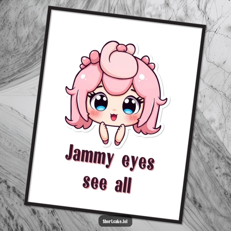 Funny shortcake poster print, cute dessert character with wide, jammy eyes, surprised expression, whimsical wall art, perfect funny gift.