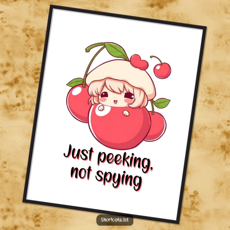 Funny Poster art of a shortcake character peeking from behind a large cherry, creating a playful and visually engaging scene.