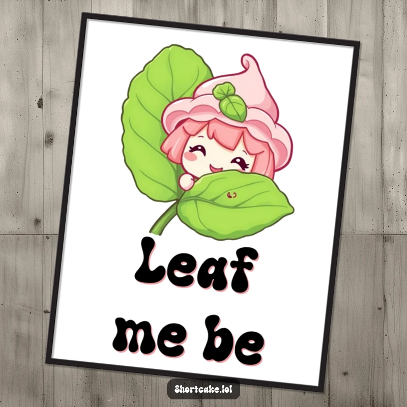 Funny Shortcake Poster featuring a sweet shortcake character peeking with a grin from behind a large mint leaf.