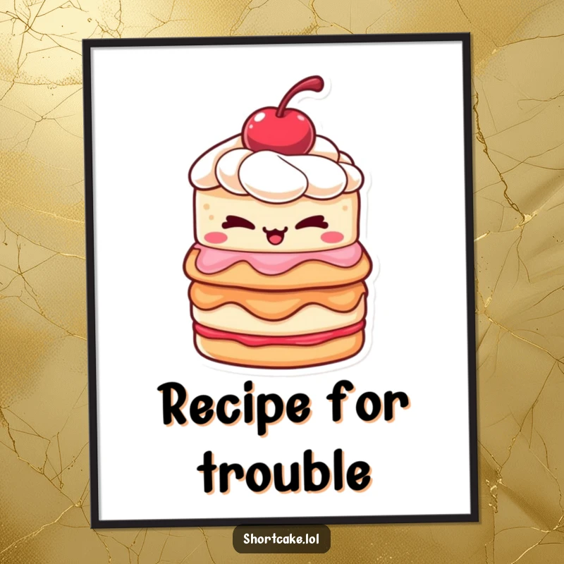 Funny shortcake poster of a layered dessert with a cherry winking mischievously, adding a touch of sweet humor to decor.