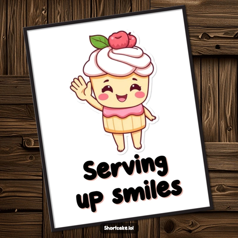 Funny Poster depicting a shortcake character with a pastry hand, giving a big, happy wave; vibrant and joyful wall art.