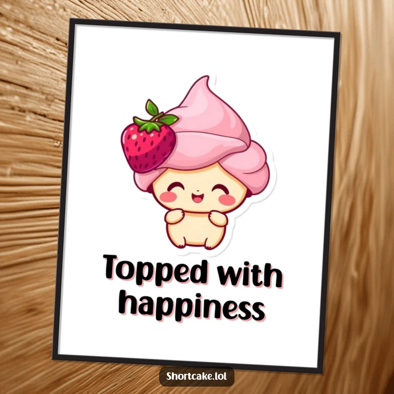 Funny shortcake character with a berry on its head, looking happy and sweet, displayed on a poster.
